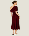 Women's Arabella Burgundy Maxi Dress featuring an asymmetrical off-the-shoulder neckline, ruched fitted bodice, and flowing skirt