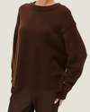 Women's Anouk Crewneck Sweater in espresso brown featuring a classic crew neckline, long sleeves, and a relaxed drop-shoulder silhouette.