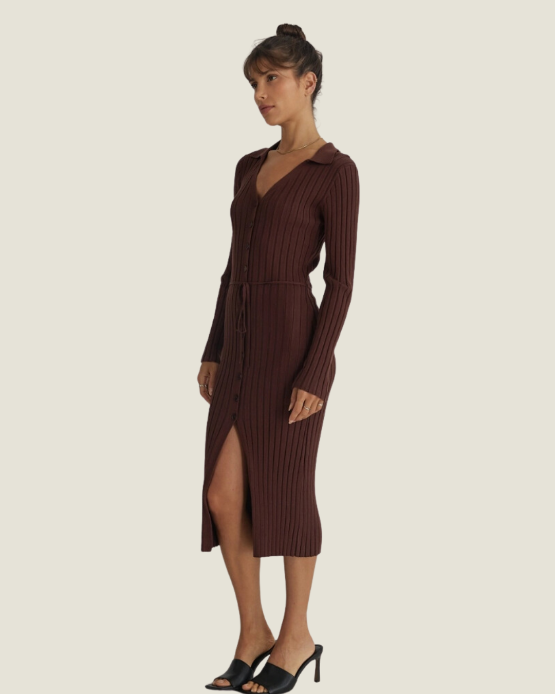 The Dana: Brown Button Up Long Sleeve Midi Dress