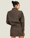 Women's Millie Polka Dot Tweed Jacket by Line & Dot featuring flocked polka dots, padded shoulders, a mock neckline, and button-front closure.