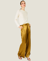 Women's Barrett Satin Pants featuring a wide-leg silhouette, pleated detailing, hip slant pockets, and adjustable ankle ties.