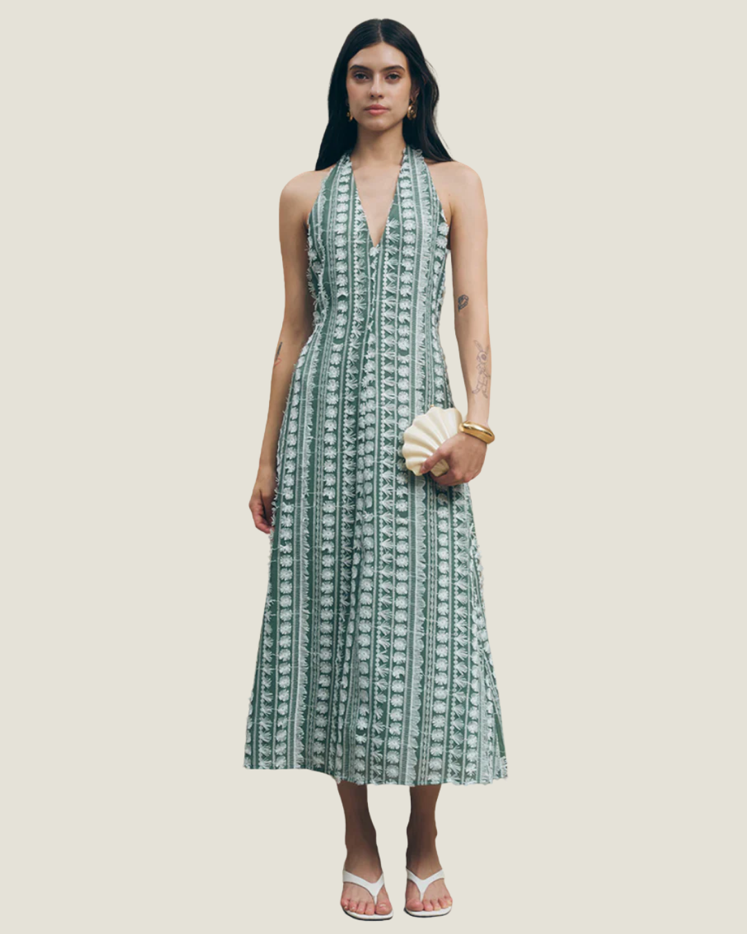 Tussah Embroidered Halter Midi Dress