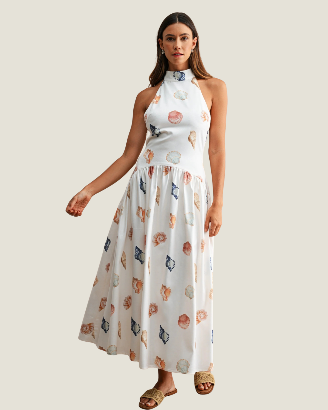 Marina Shell Print Drop Waist Halter Dress