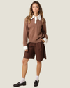 Women's Alina Collar Knit Sweater in brown with a contrast white pointed collar, button-front neckline, and long sleeves.