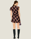 Women's Kristopher Plaid Mini Dress by Line & Dot featuring a plaid print, mock neckline, short sleeves, lace trim, and asymmetric hem.