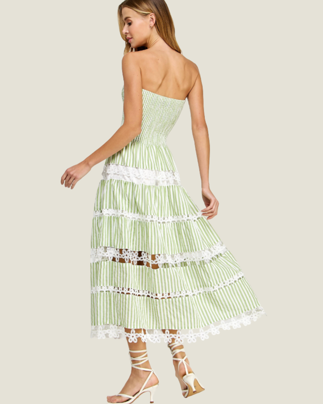 The Maryann: Strapless Stripe Eyelet Midi