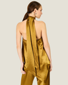 Women's Barrett Satin Halter Top featuring a sleeveless silhouette, adjustable self-tie neckline, and smooth satin finish.