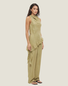 Women's Eadie Asymmetrical Draped Top in green and purple, featuring a silky satin finish, cowl neckline, and statement asymmetric flounce hem.