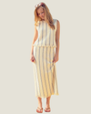 Cream knit midi skit with blue stripes and a fringe hem, part of a matching set. 
