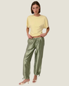 Women's taffeta drawstring pants with a relaxed fit, adjustable waist, tie-leg detailing, and patch pockets.
