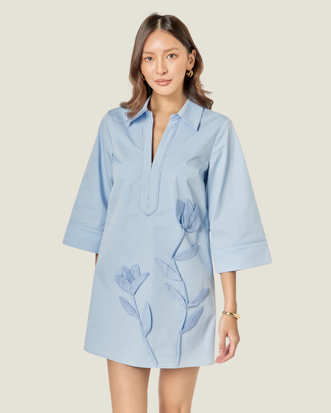 Appliqued Powder Blue Mini Shirt Dress. 