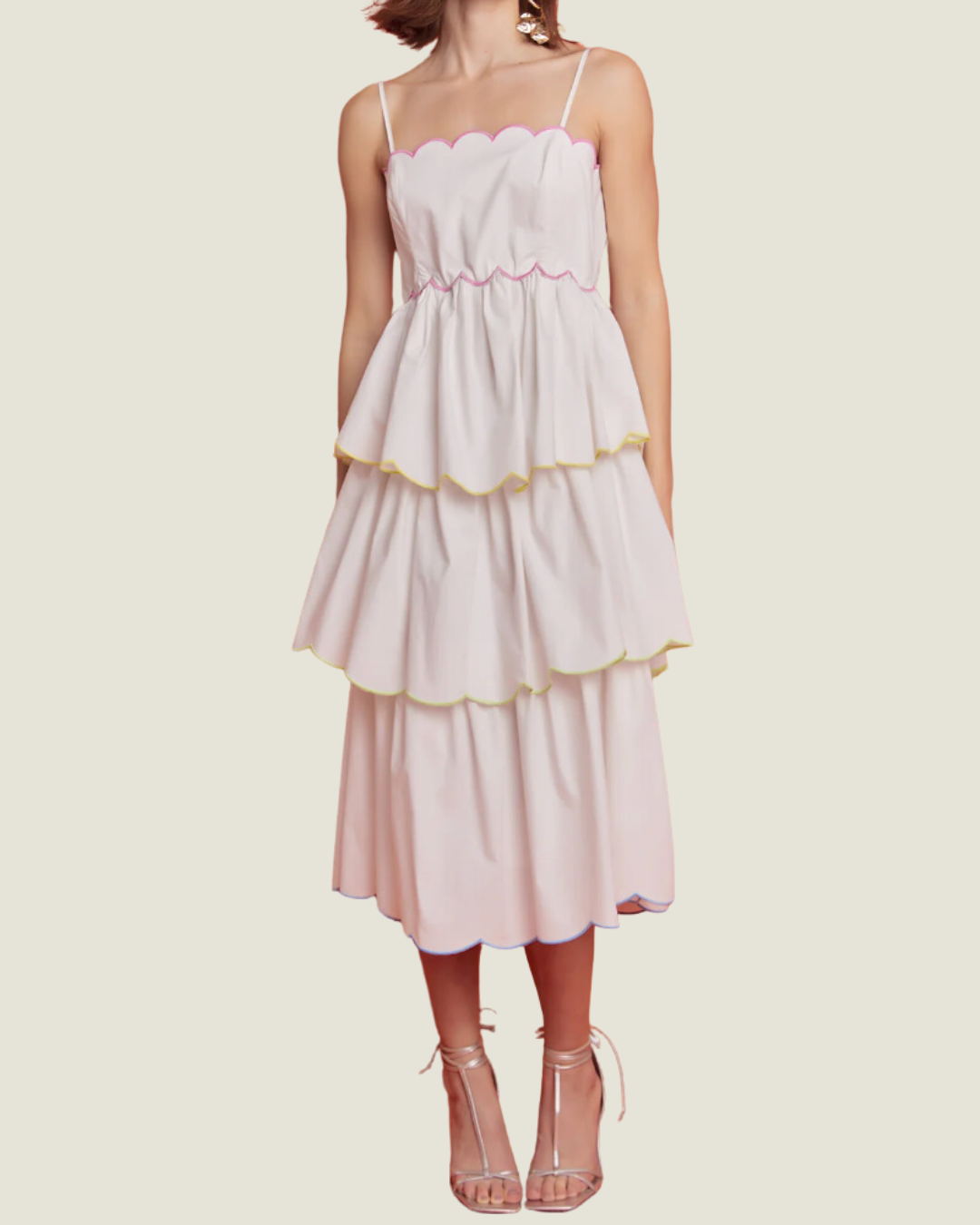 Worth Ave: Scallop Sleeveless Tiered Midi Dress