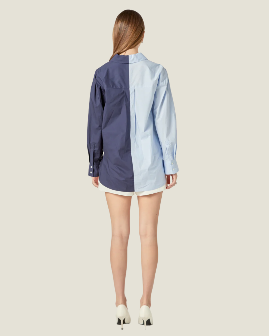 Brooks Colorblock Button-Down a navy & powder blue shirt made for everyday wear.  Available at Love Celine a women’s boutique in SWFL.