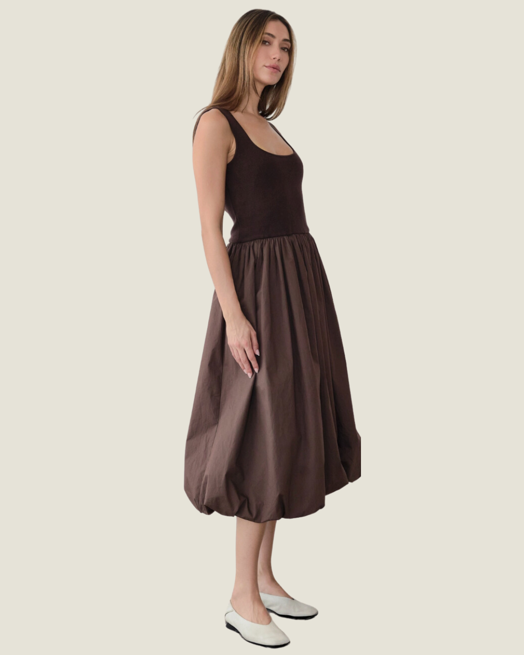 The Tilda: Brown Square Neckline Midi Dress