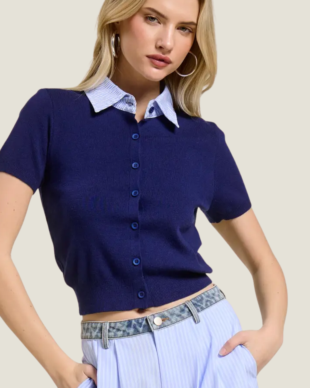 Striped Collared Navy Short Sleeve Cardigan