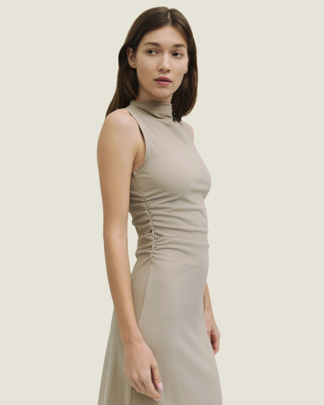 The Junina: Taupe Rouched Midi Dress