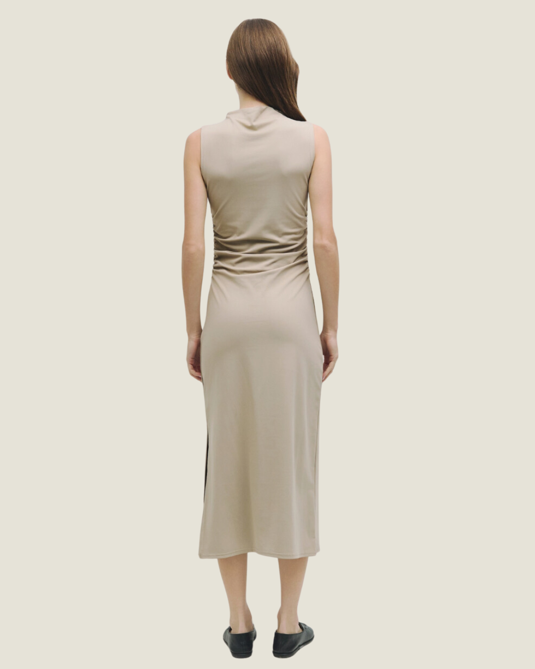 The Junina: Taupe Rouched Midi Dress