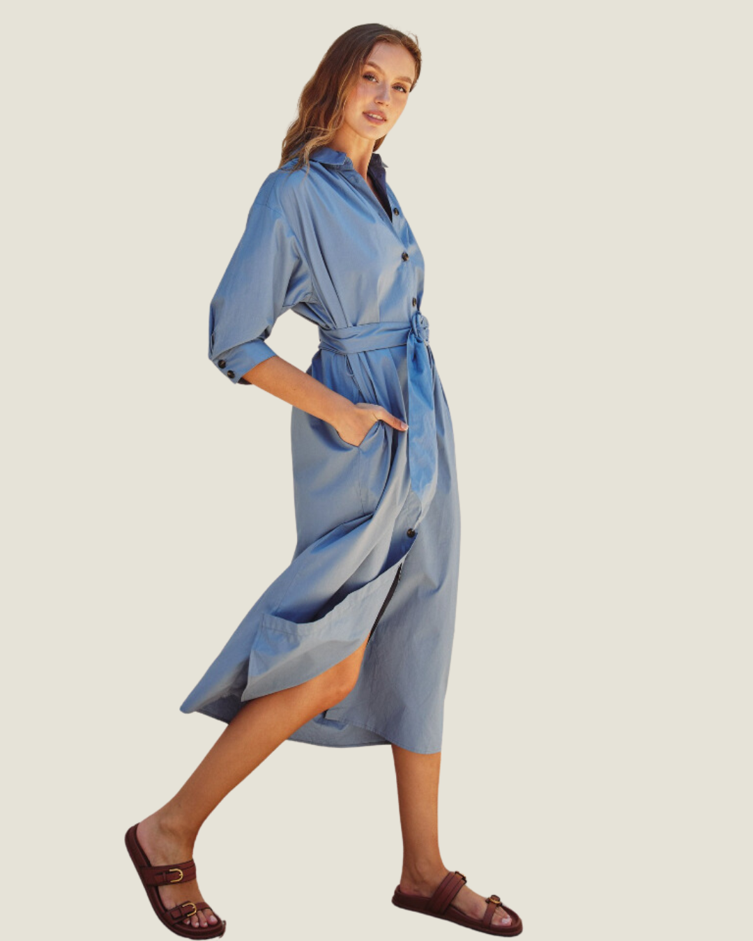 Button Down Light Blue Long Sleeve Midi Dress