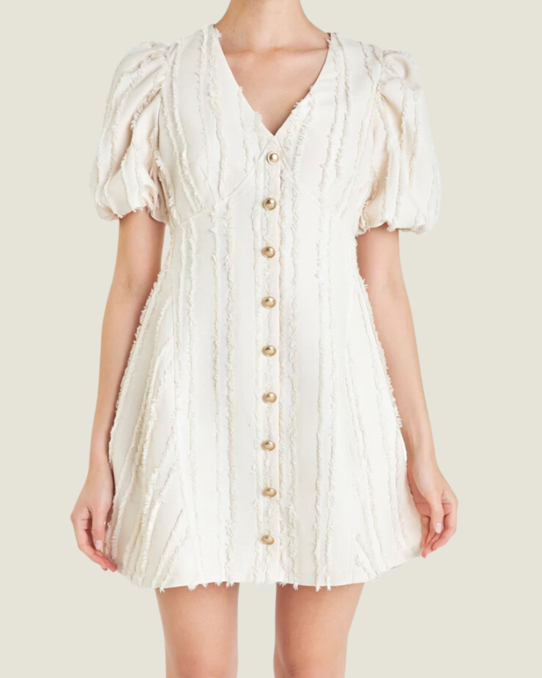 The Callie: Textured Button Mini Dress in Beige