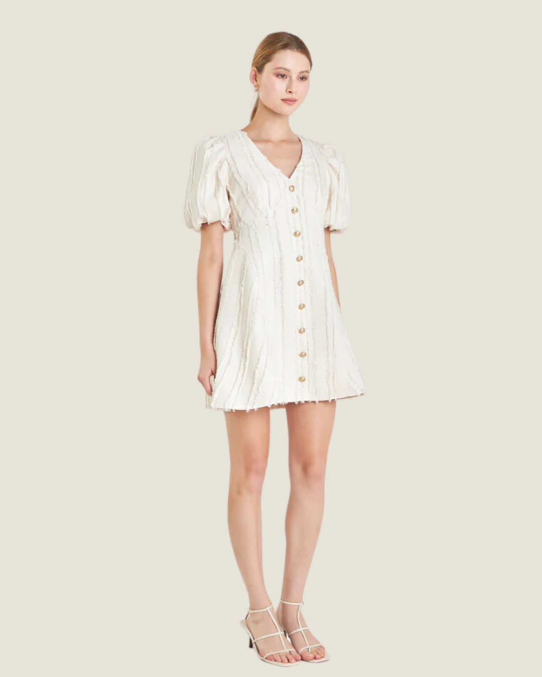 The Callie: Textured Button Mini Dress in Beige