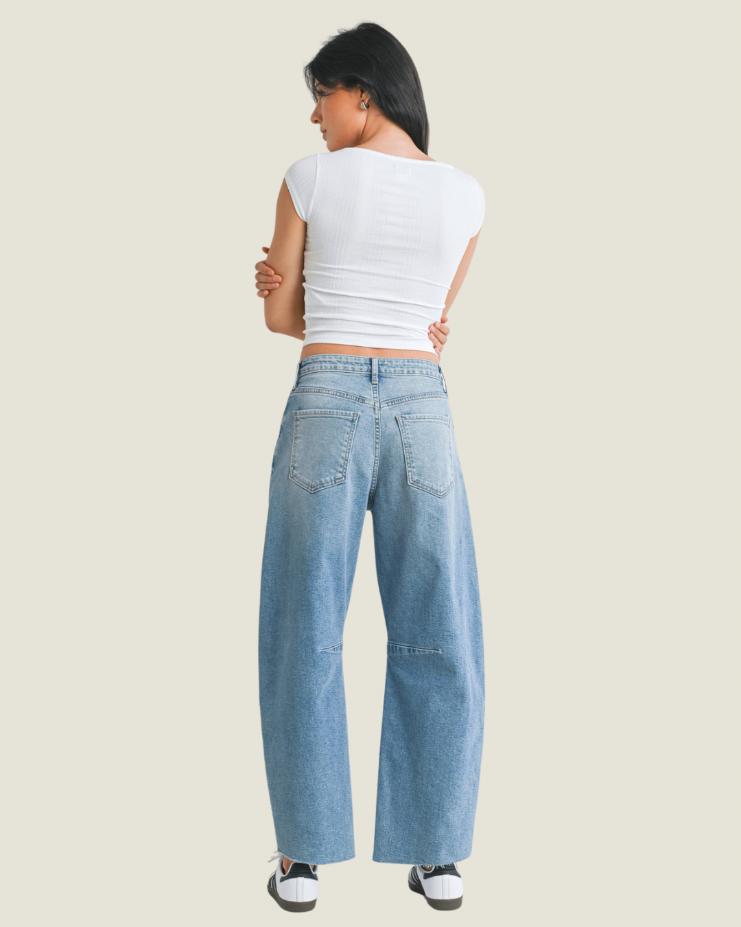 The Jackie: Light Wash Barrel Jean with Seams