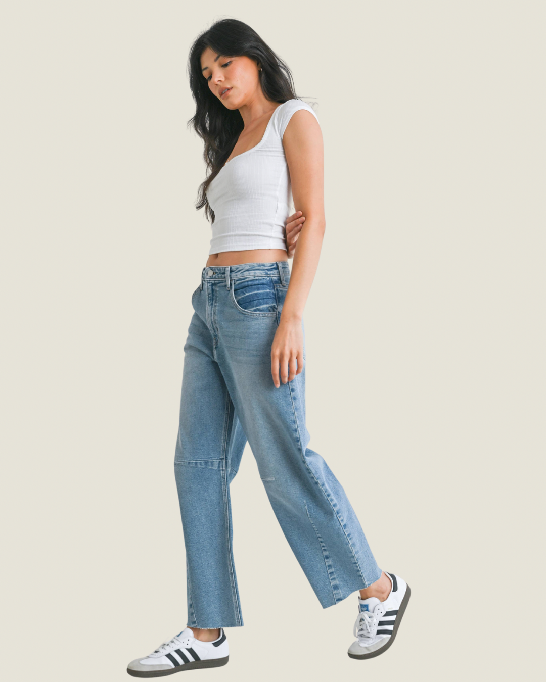 The Jackie: Light Wash Barrel Jean with Seams