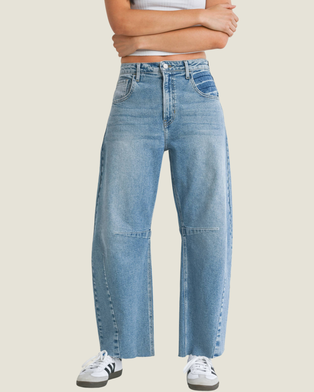 The Jackie: Light Wash Barrel Jean with Seams