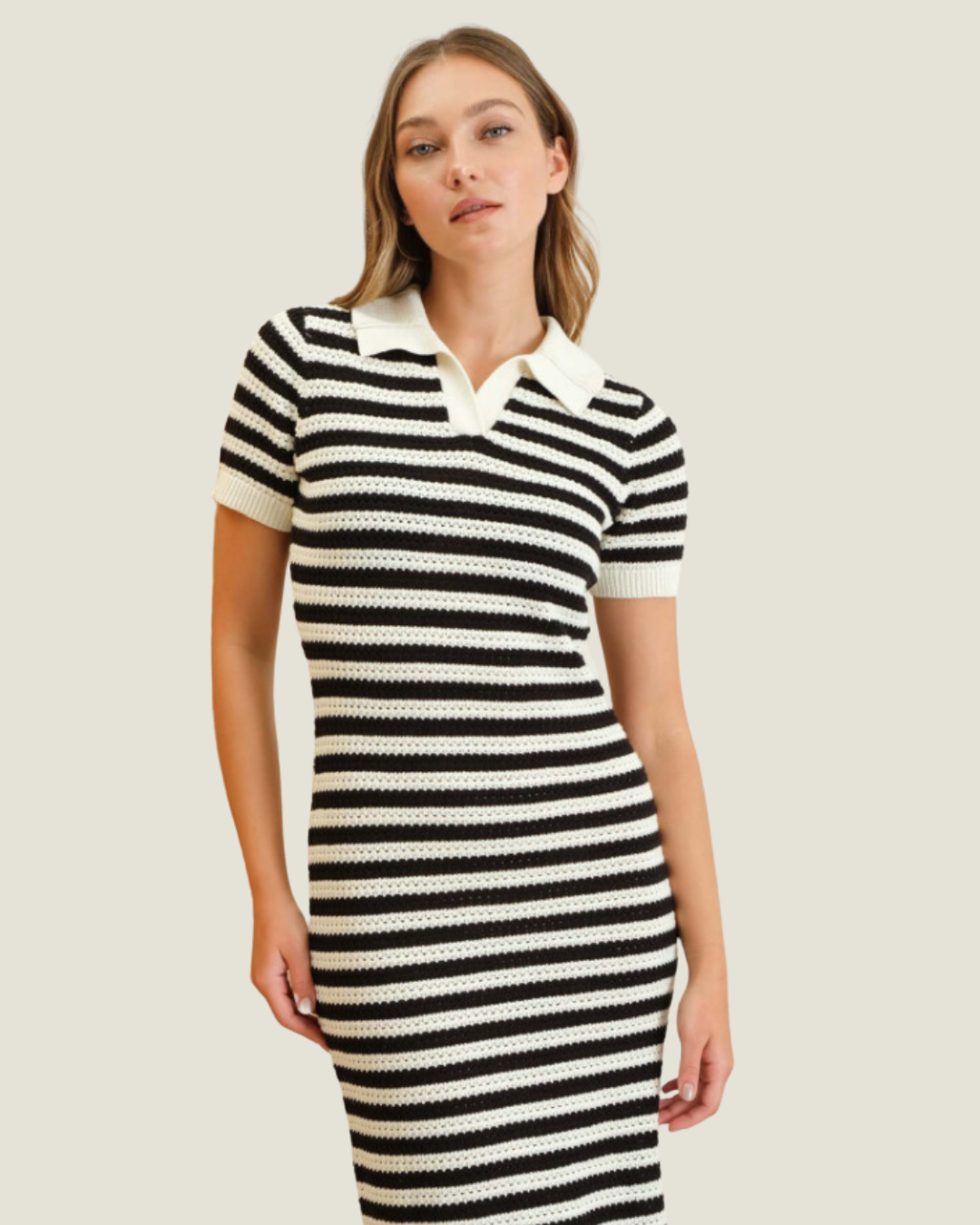 The Erin: Striped Collared Knit Midi Dress