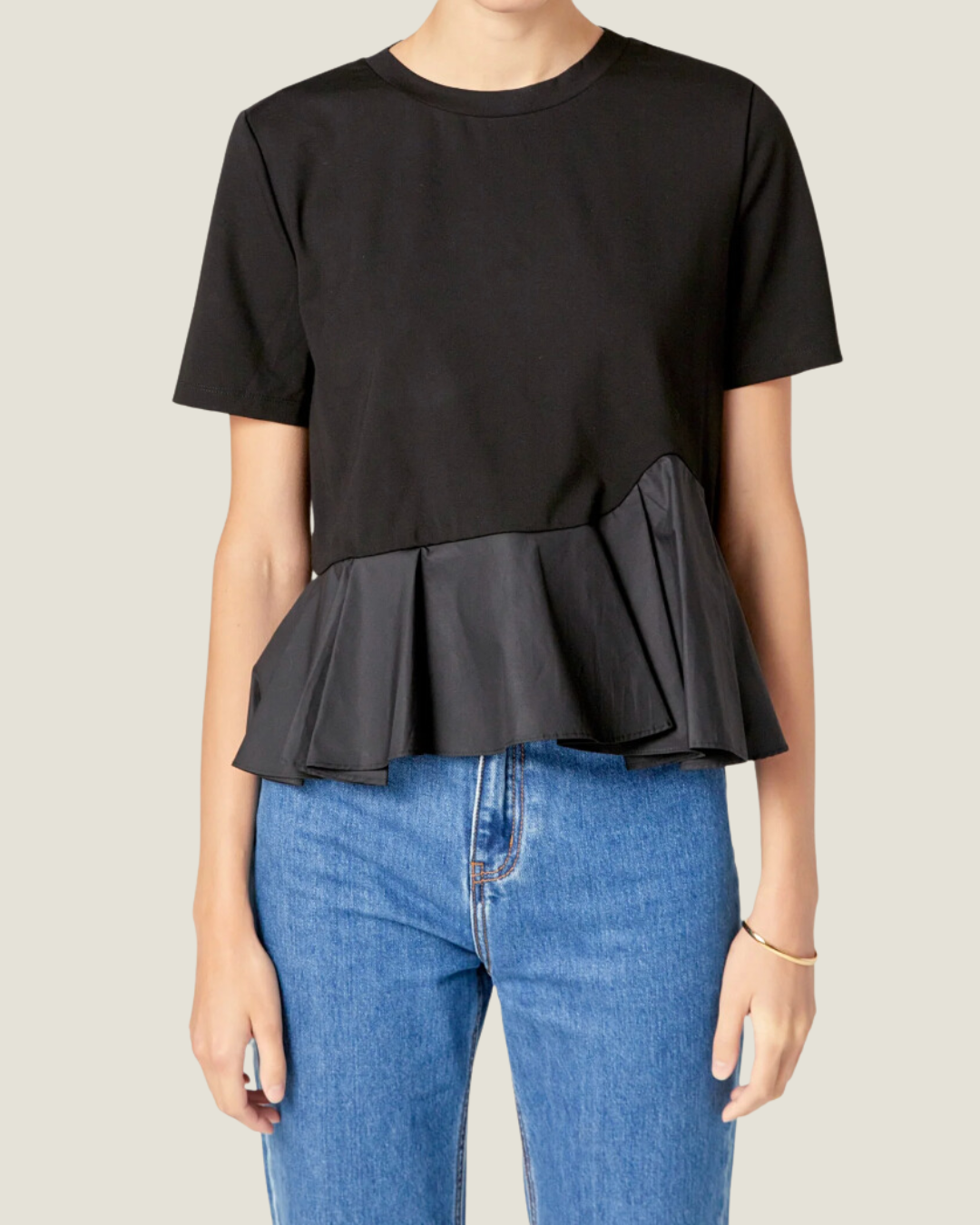 The Kimmy: Black Mixed Media Luxe Ruffle Blouse