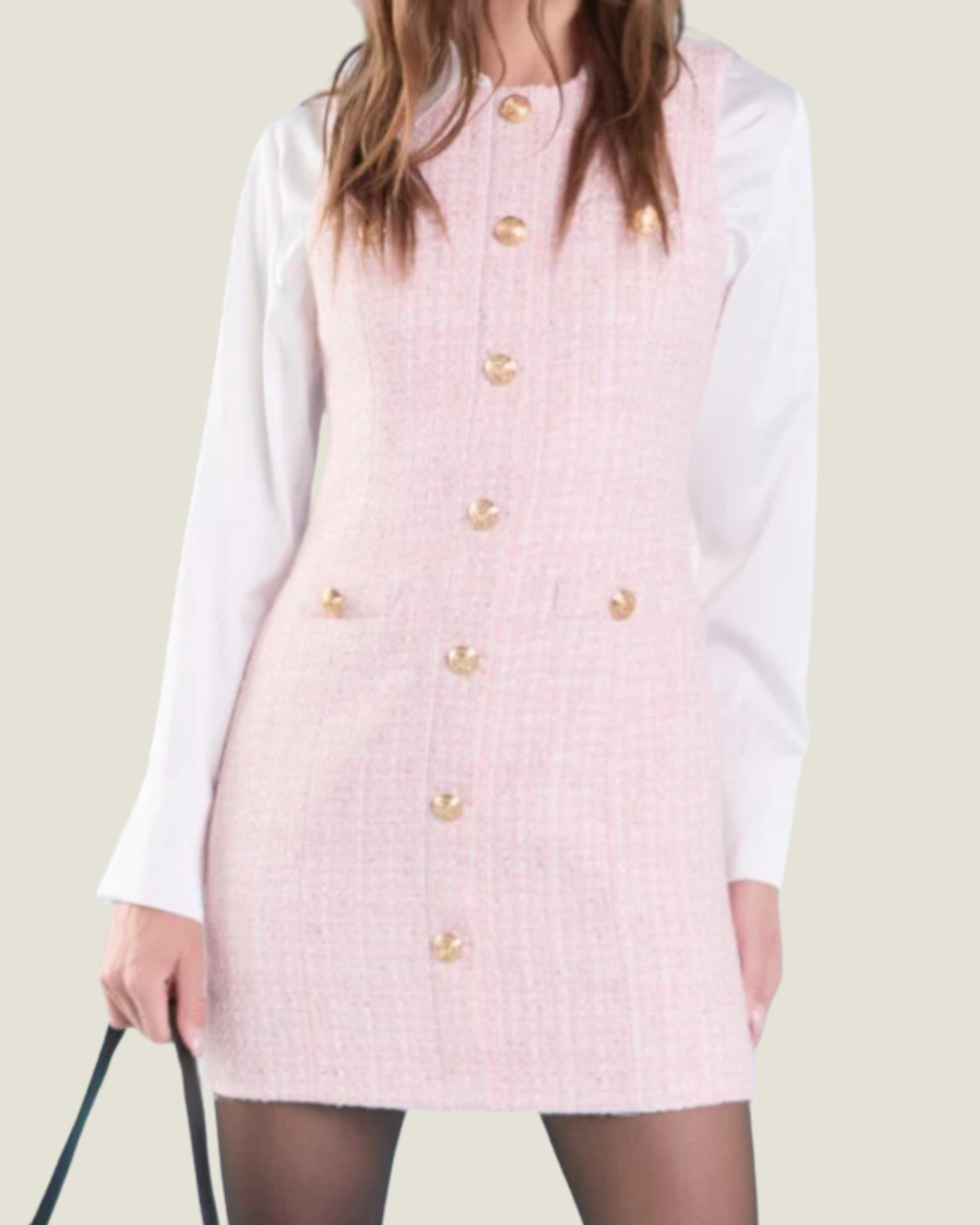 The Belle: Buttoned Pink Tweed Mini Dress