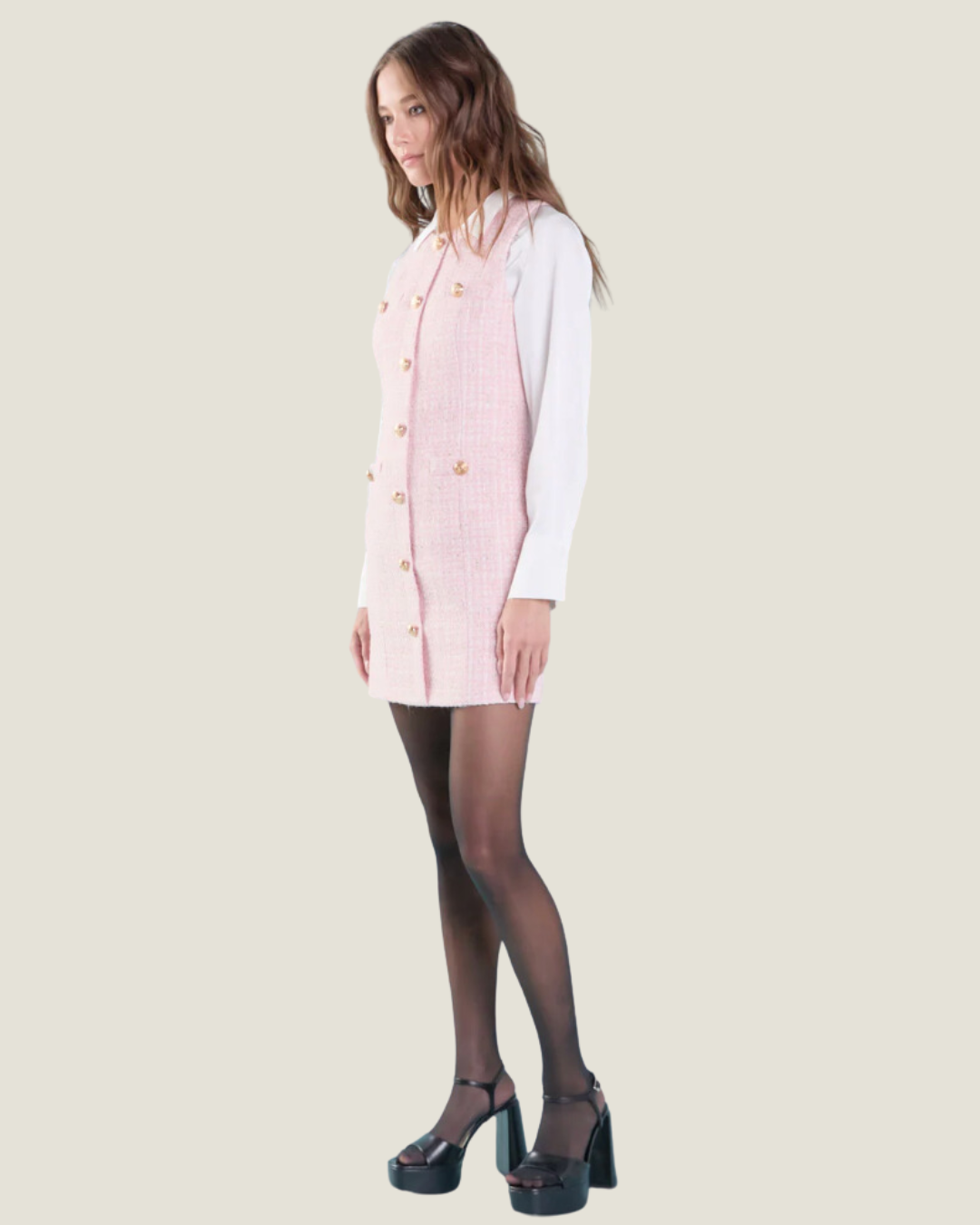 The Belle: Buttoned Pink Tweed Mini Dress