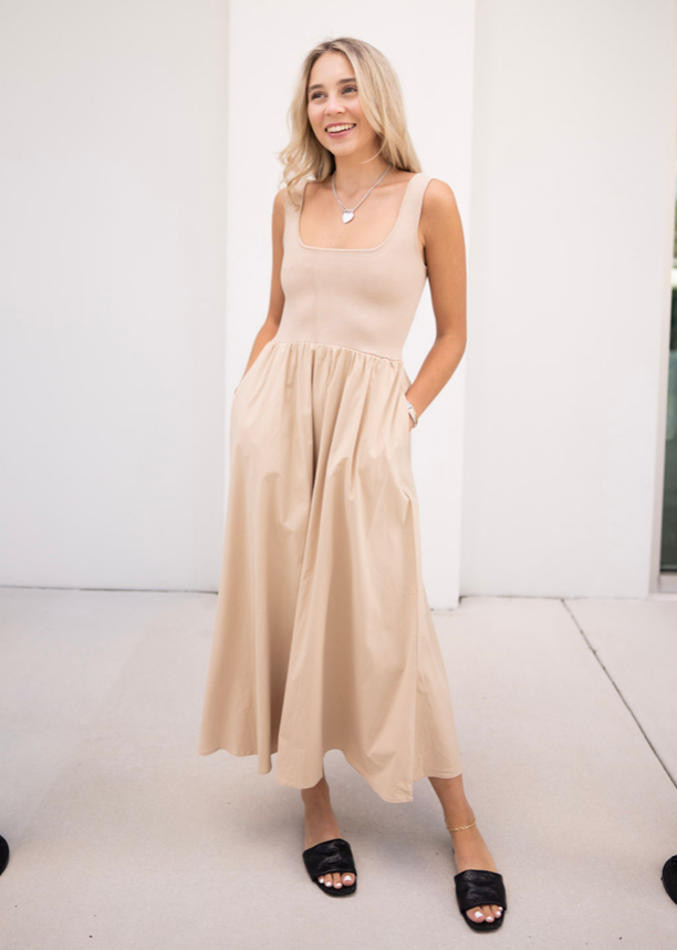 The Tilda: Khaki Square Neckline Midi Dress