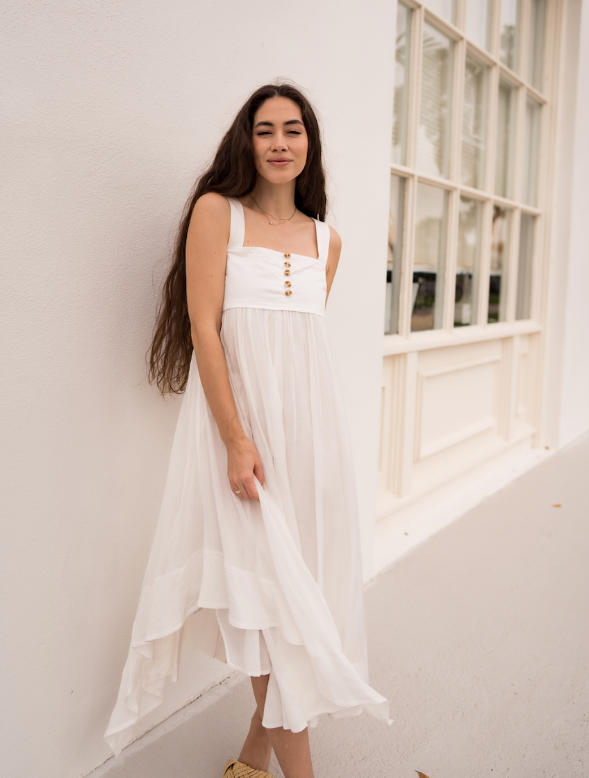 The Sofie: White Sleeveless Trapeze Midi Dress