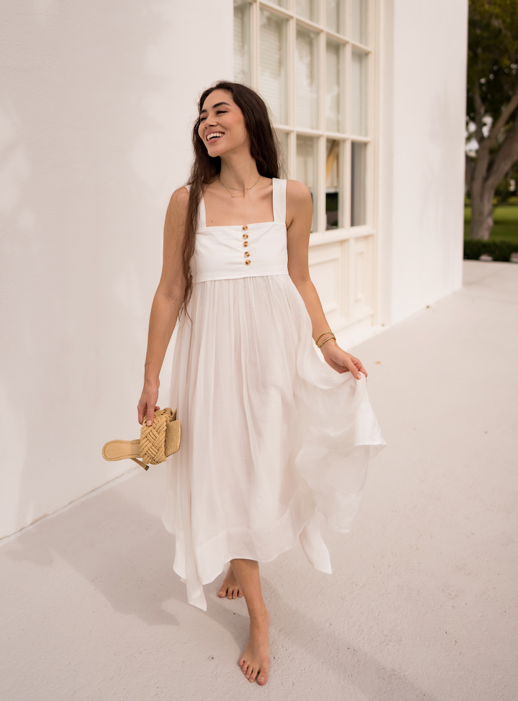 The Sofie: White Sleeveless Trapeze Midi Dress