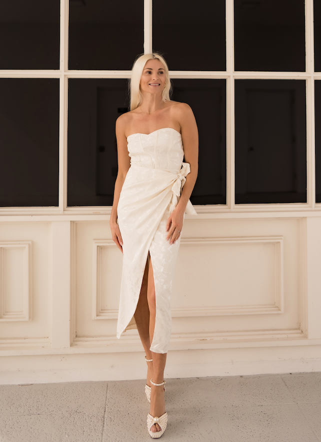 The Bride: Ivory Floral Strapless Midi Dress