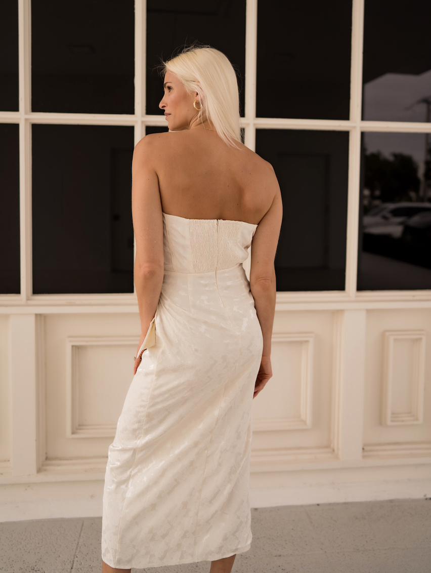 The Bride: Ivory Floral Strapless Midi Dress