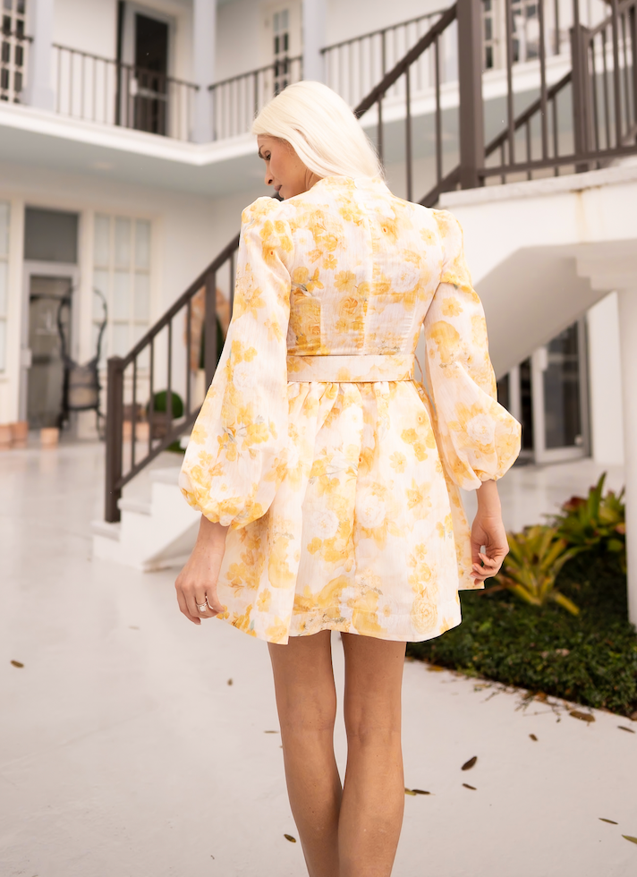 Golden Girl: Yellow Floral Long Sleeve Belted Mini Dress