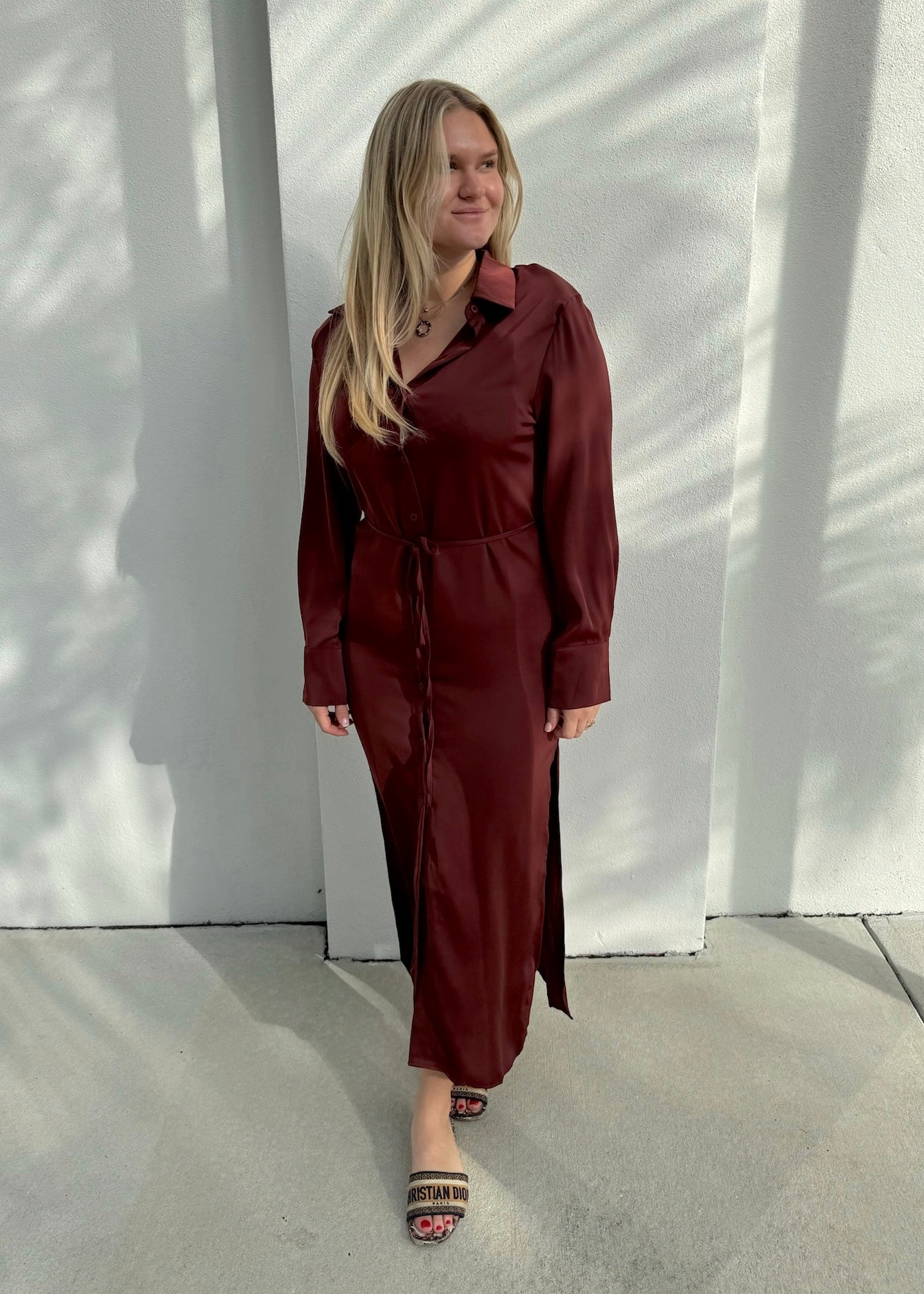Red Wine Sangria: Merlot Long Sleeve Tie Front Maxi Dress