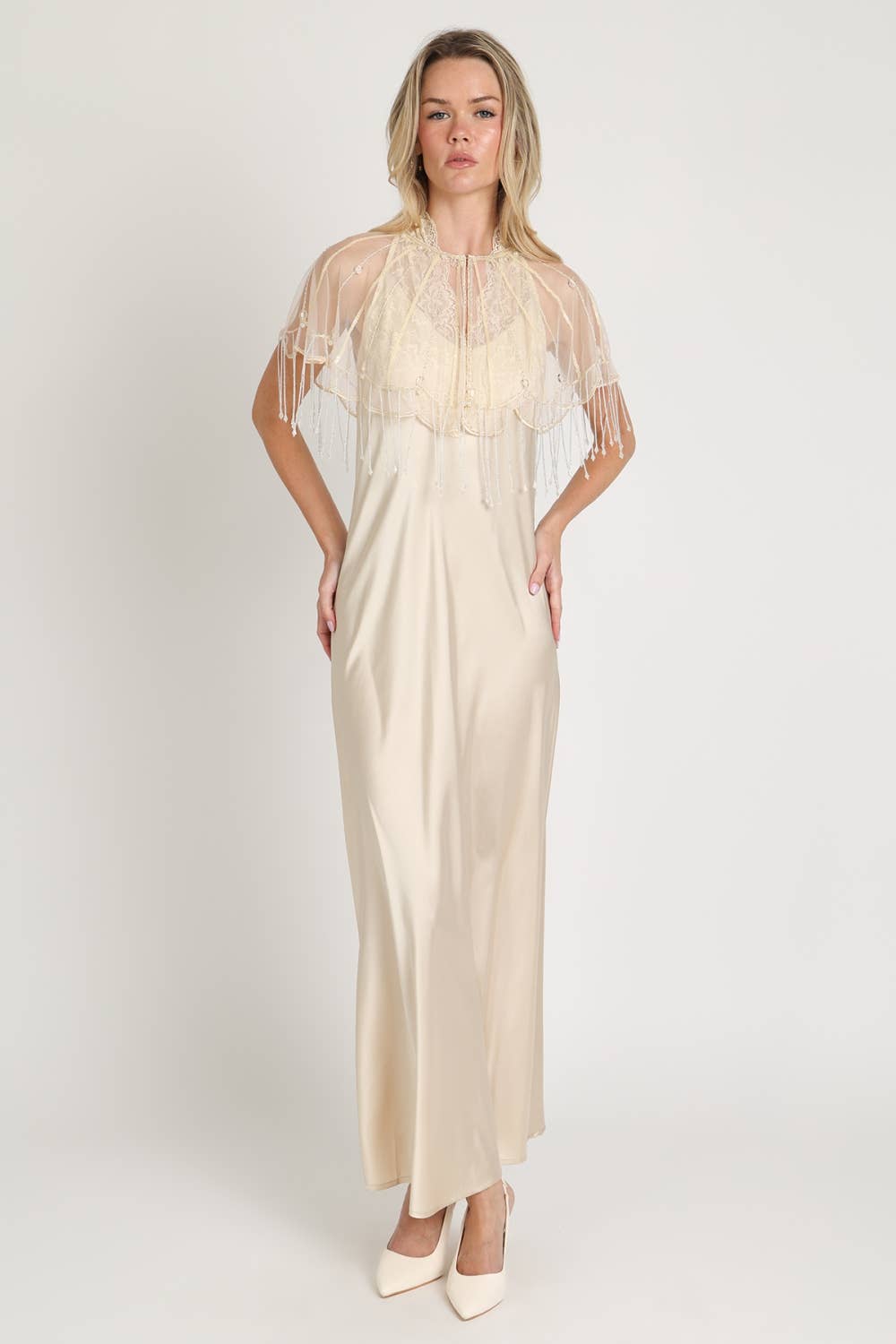 Beaded Sheer Mesh Fringe Cape