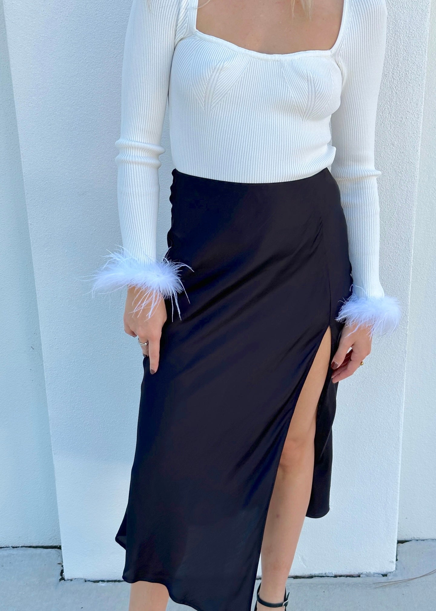Autumn Night Out: Black Satin Midi Slit Skirt