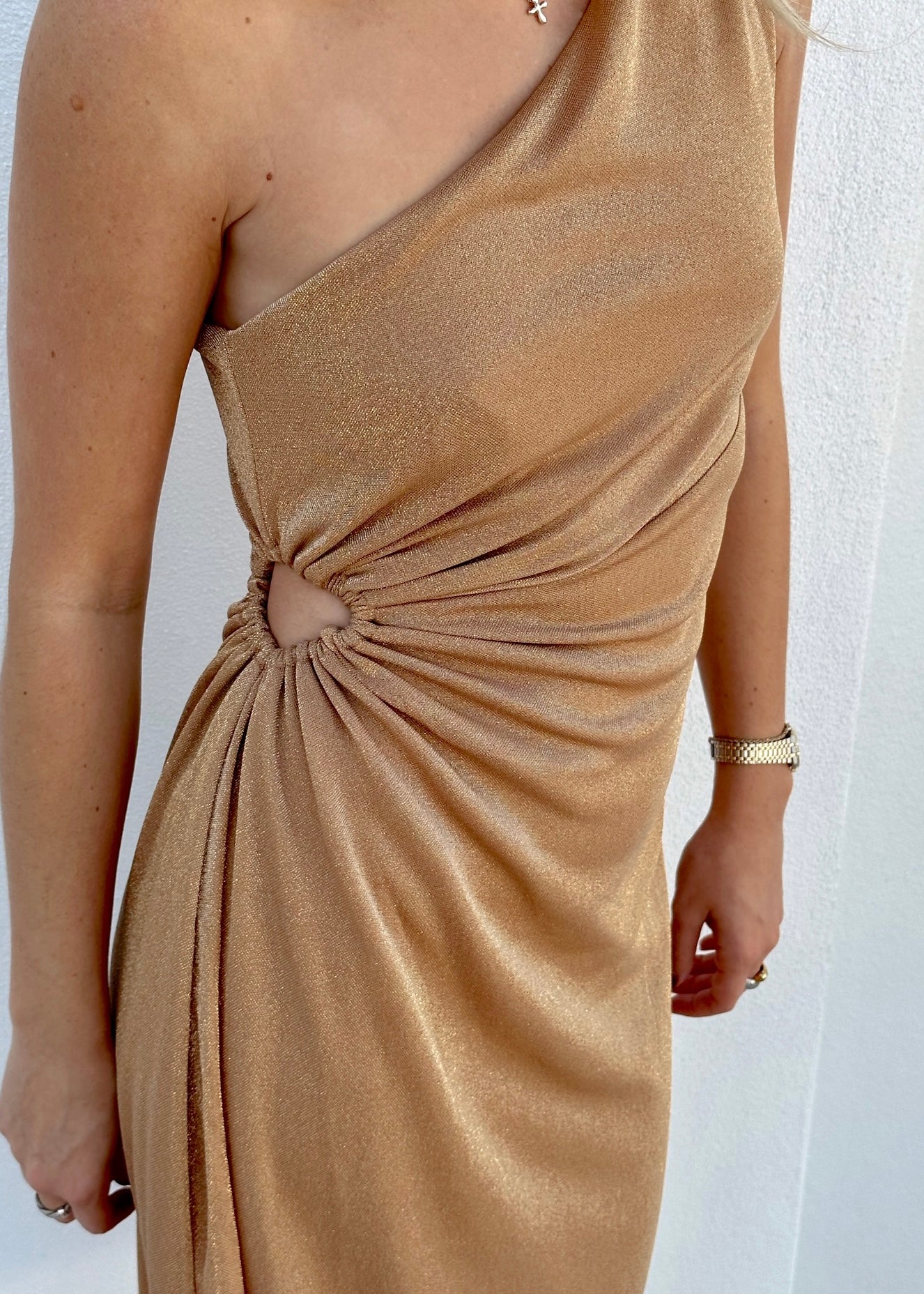 Flashing Lights: Gold One Shoulder Midi Dress