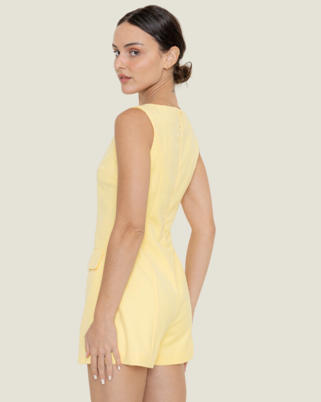 The Sunflower: Yellow Sleeveless Crewneck Waistband Detail Romper