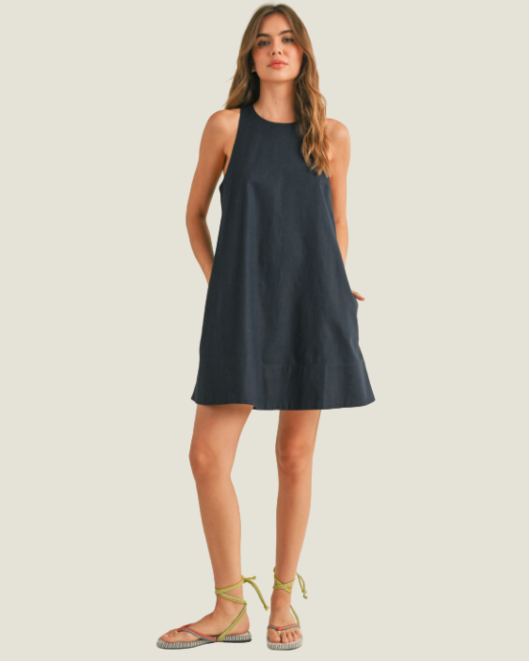 Navy Sleeveless A Line Mini Dress with Pockets