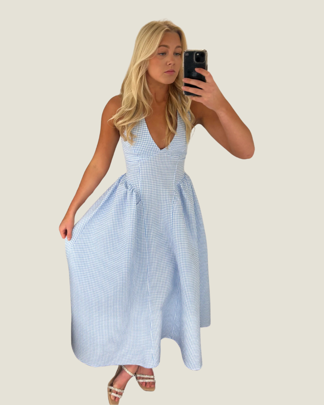 The Steph: Blue Gingham Halter Neck Midi Dress