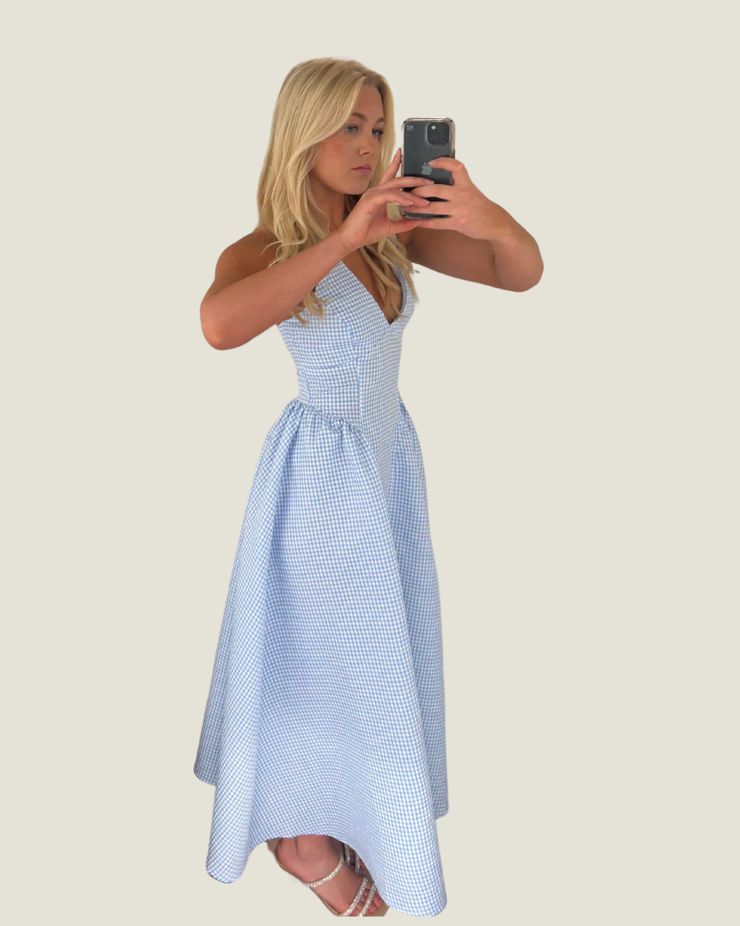 The Steph: Blue Gingham Halter Neck Midi Dress