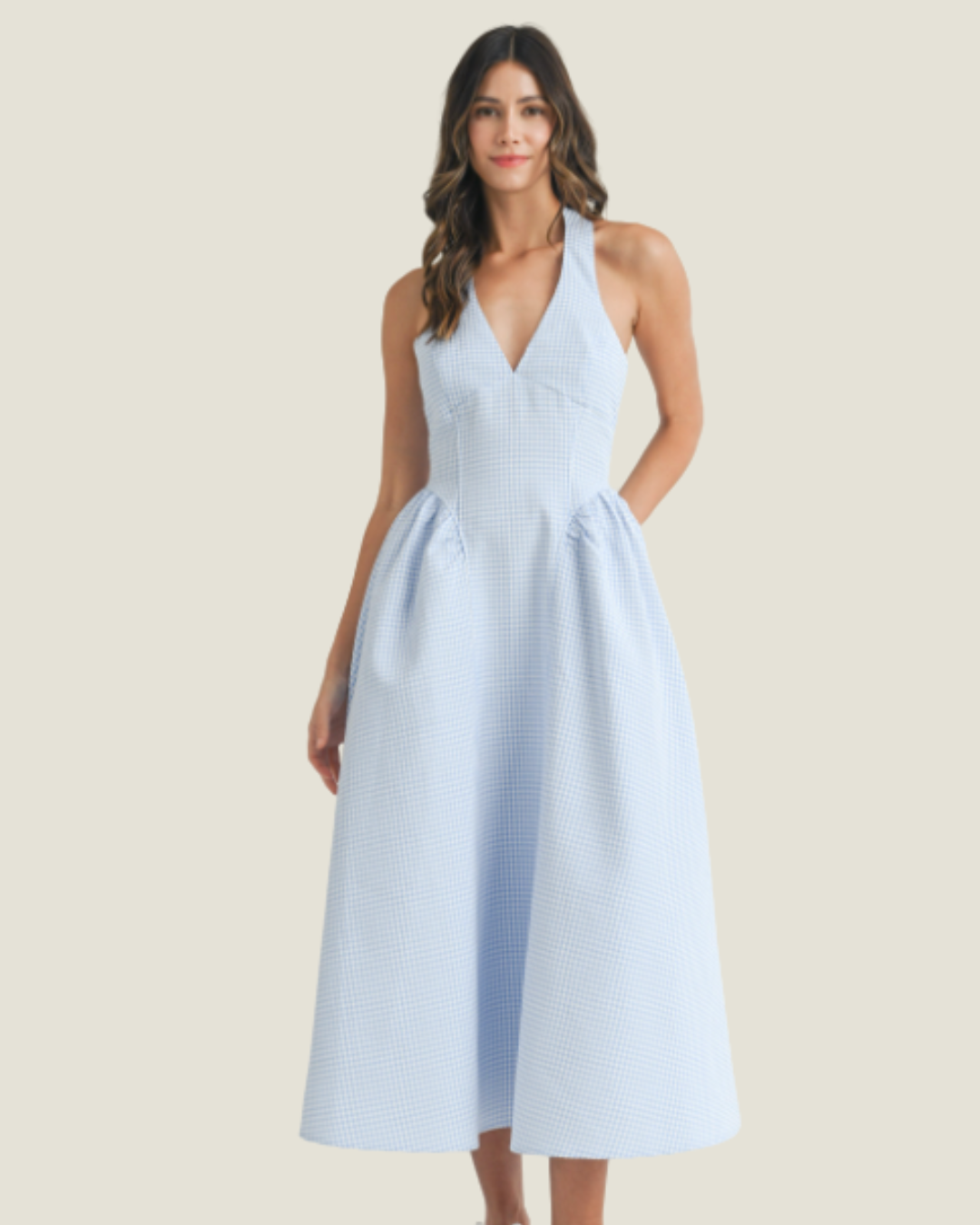 The Steph: Blue Gingham Halter Neck Midi Dress