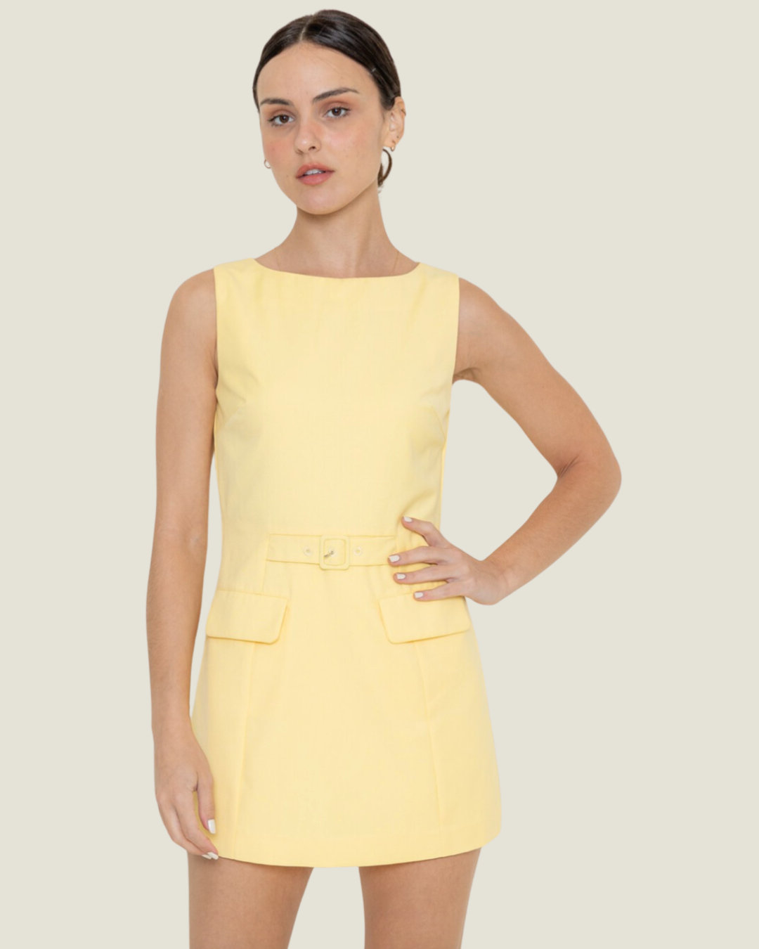 The Sunflower: Yellow Sleeveless Crewneck Waistband Detail Romper