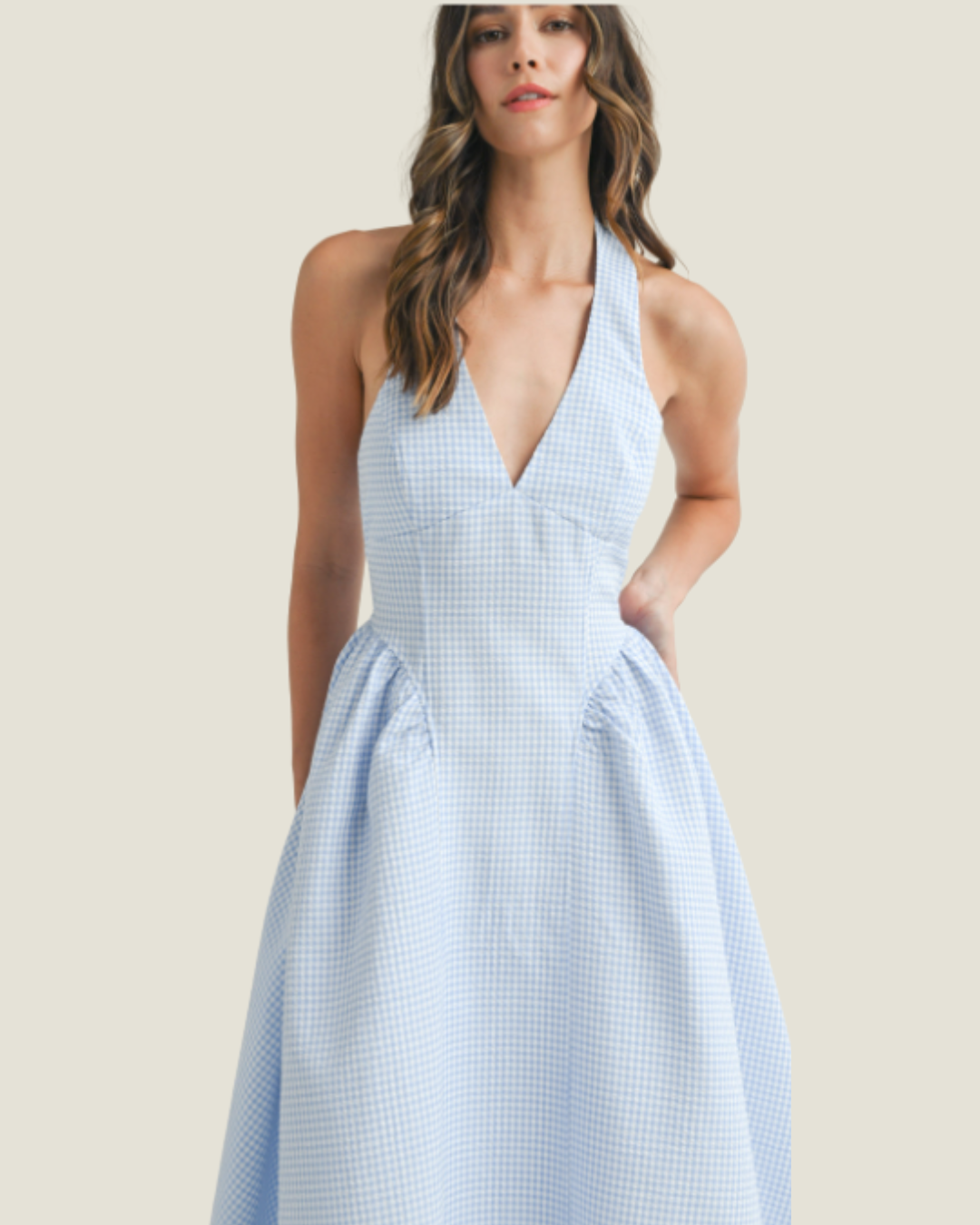 The Steph: Blue Gingham Halter Neck Midi Dress