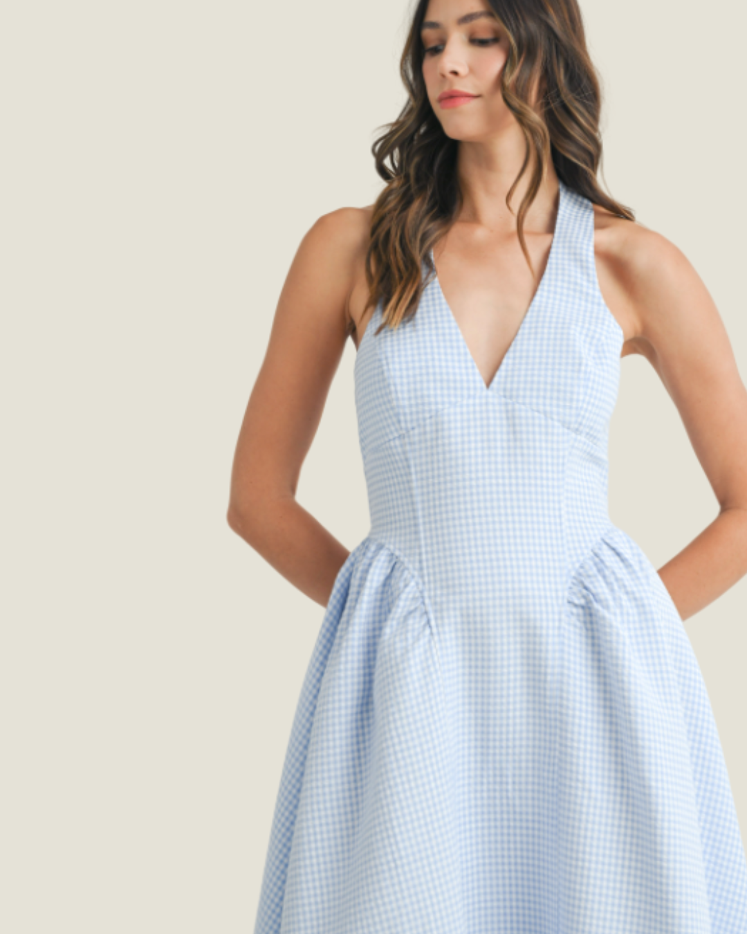 The Steph: Blue Gingham Halter Neck Midi Dress