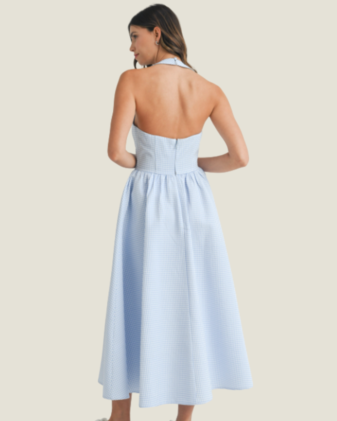 The Steph: Blue Gingham Halter Neck Midi Dress